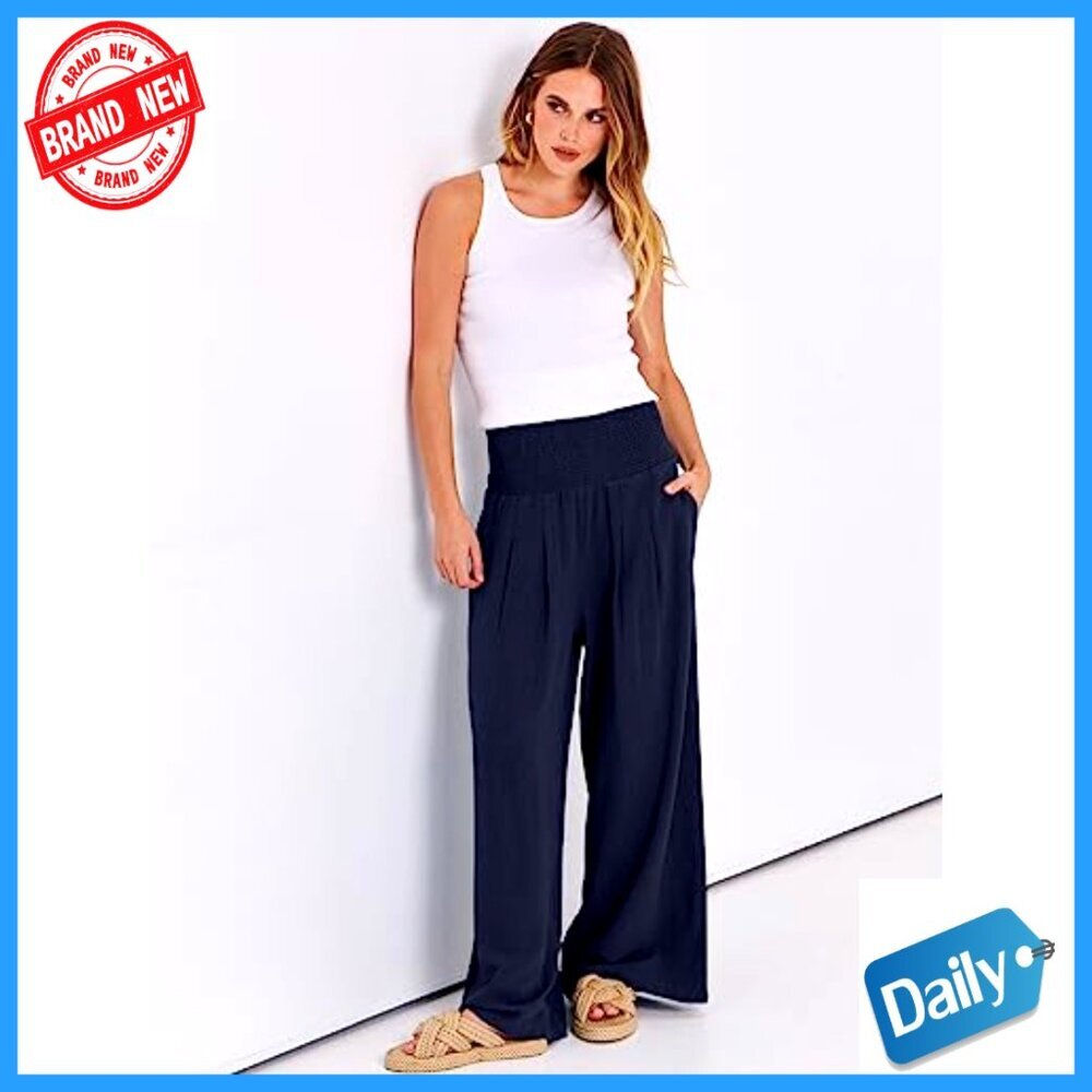Linen Palazzo Pants Wide Leg High Waist Casual Lounge Pants - Picture 3 of 7